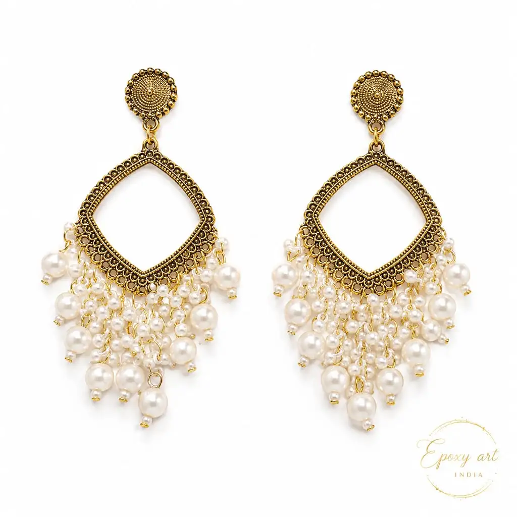 White Pearl Square Shape Chandbali Hoop Earrings White Pearl Square Shape Chandbali Hoop Earrings