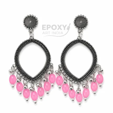 Silver Eye Shape Jhumka with Pink Beads