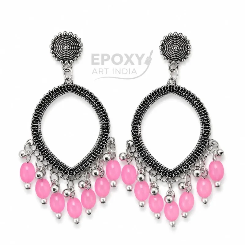 Silver Eye Shape Jhumka with Pink Beads