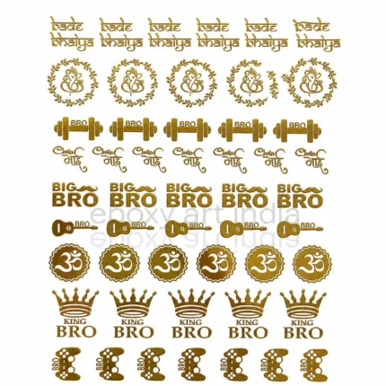 Premium Metal Rakhi Sticker Sheet A6 Size | Big Bro, King Bro, Om & Ganesh Gold Metallic Stickers