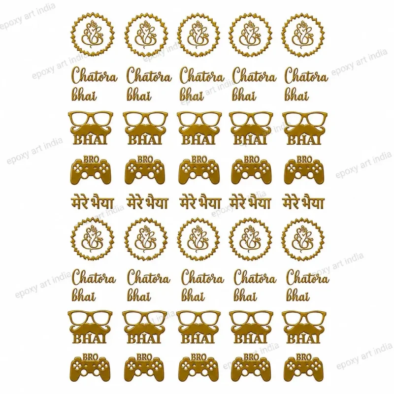 Premium Metal Rakhi Sticker Sheet A6 Size | Chatora Bhai, Gamer Bro, Mera Bhai & Ganesh Gold Metallic Stickers