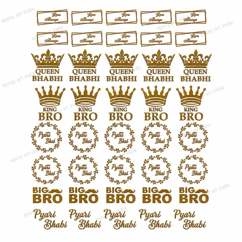 Premium Metal Rakhi Sticker Sheet A6 Size | King Bro, Queen Bhabhi Gold Metallic Stickers