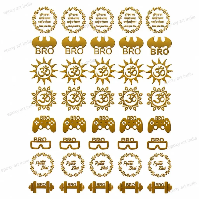 Rakhi Metal Sticker Sheet A6 Size | Bro, Om, Pyara Bhai, Gaming & Fitness Theme Gold Metallic Stickers
