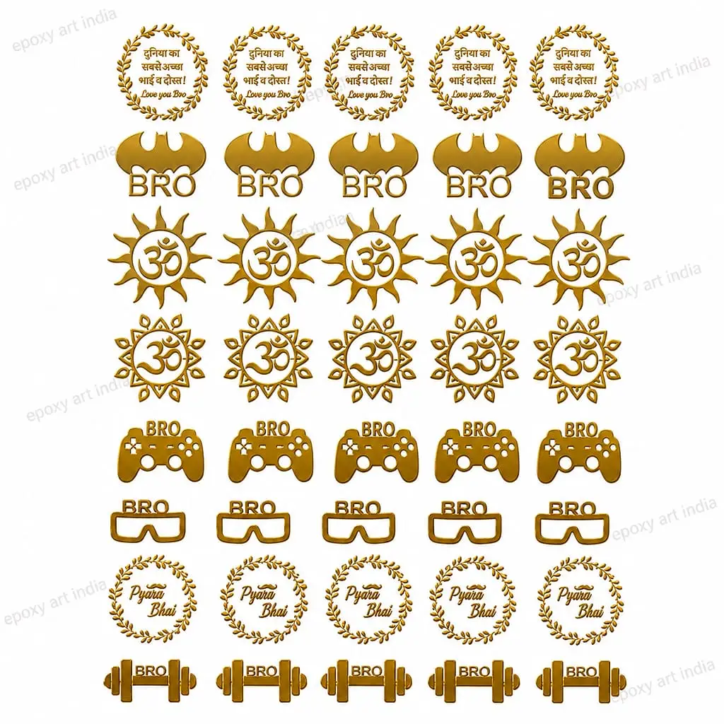 Rakhi Metal Sticker Sheet A6 Size | Bro, Om, Pyara Bhai, Gaming & Fitness Theme Gold Metallic Stickers Rakhi Metal Sticker Sheet A6 Size | Bro, Om, Pyara Bhai, Gaming & Fitness Theme Gold Metallic Stickers