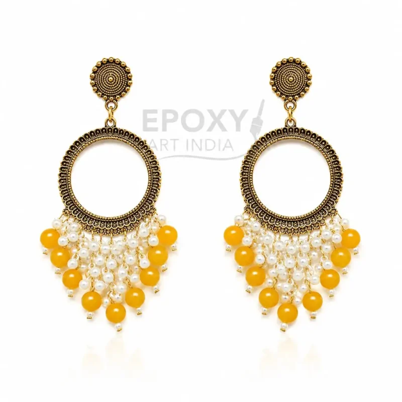 Yellow Pearl Round Shape Chandbali Hoop Earrings