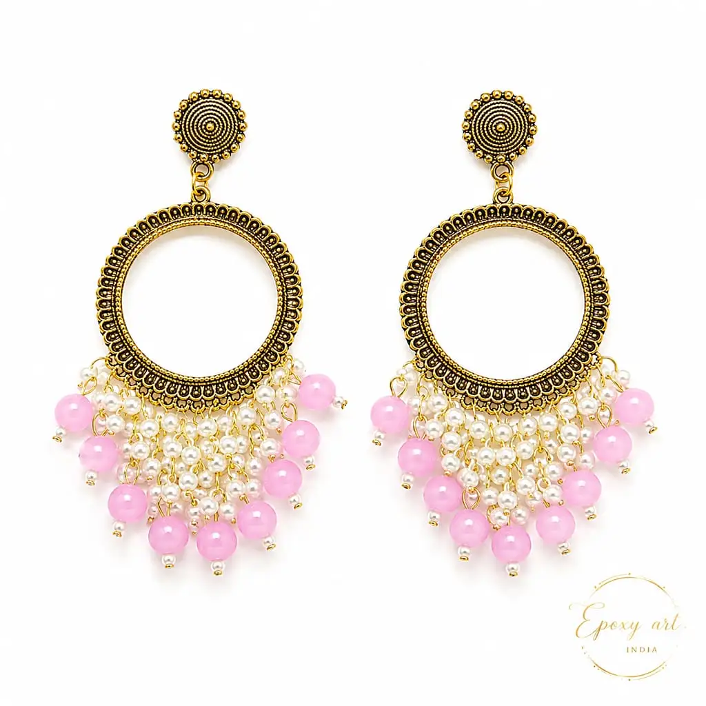Pastel Pink Pearl Round Shape Chandbali Hoop Earrings Pastel Pink Pearl Round Shape Chandbali Hoop Earrings