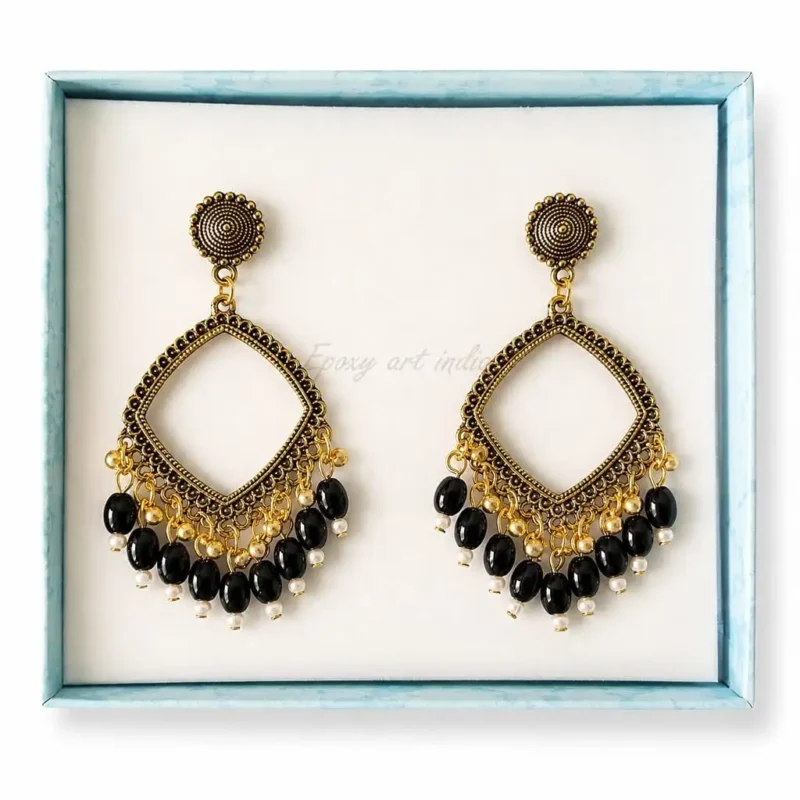 Golden Square Shape Jhumka with Black Beaded for Resin Art