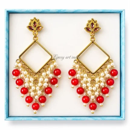 Square Bezel Jhumka Earrings with Black & Red Beads for Resin Art