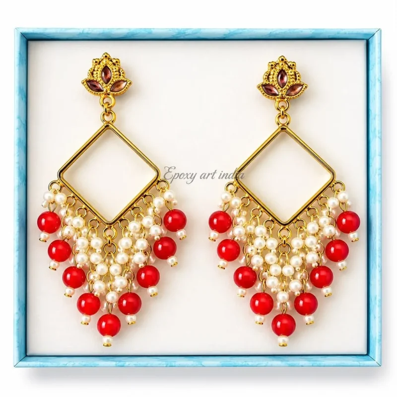 Square Bezel Jhumka Earrings with Black & Red Beads for Resin Art