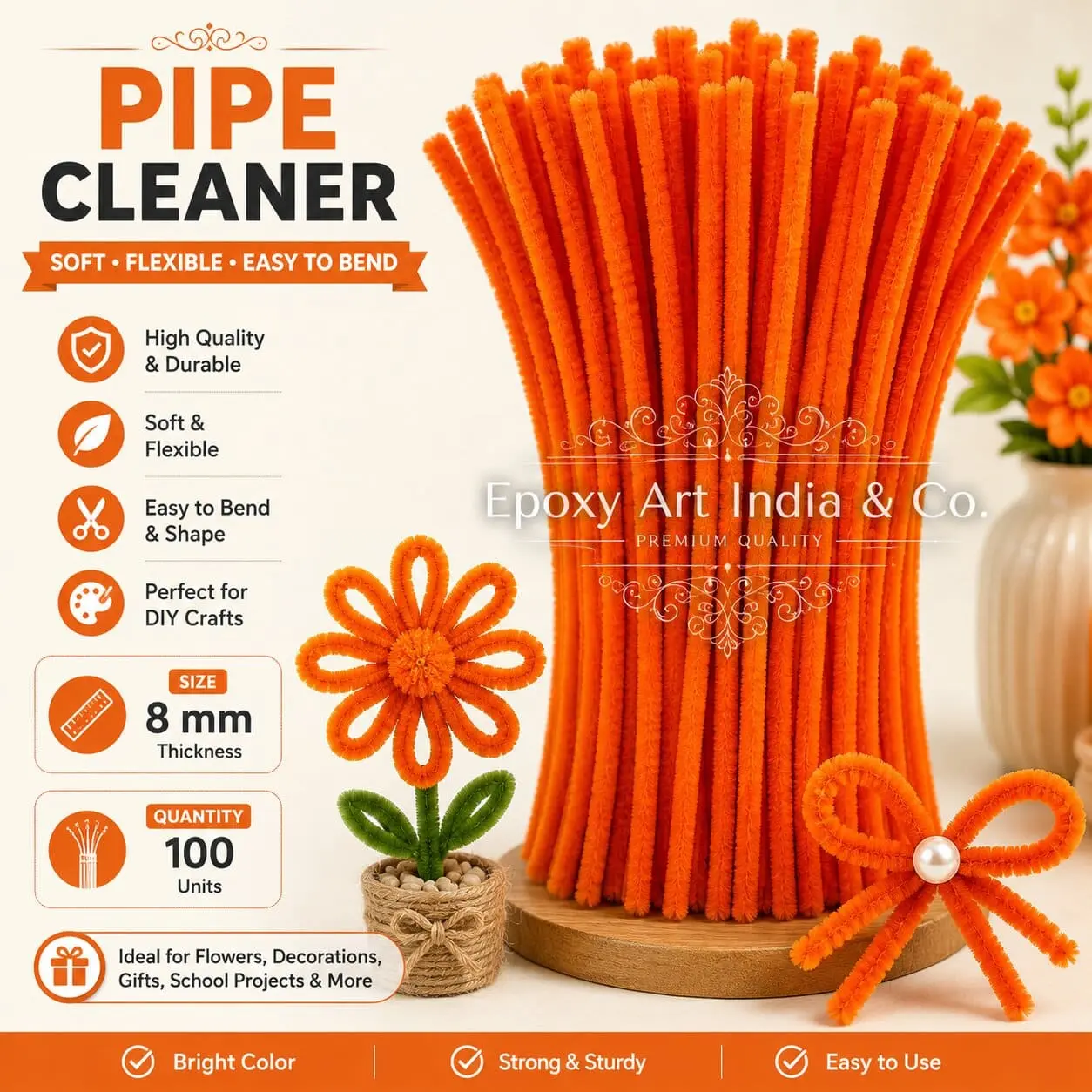 Saffron Craft Pipe Cleaners 8mm – Pack of 100 Pieces | Chenille Craft Stems Saffron Craft Pipe Cleaners 8mm – Pack of 100 Pieces | Chenille Craft Stems