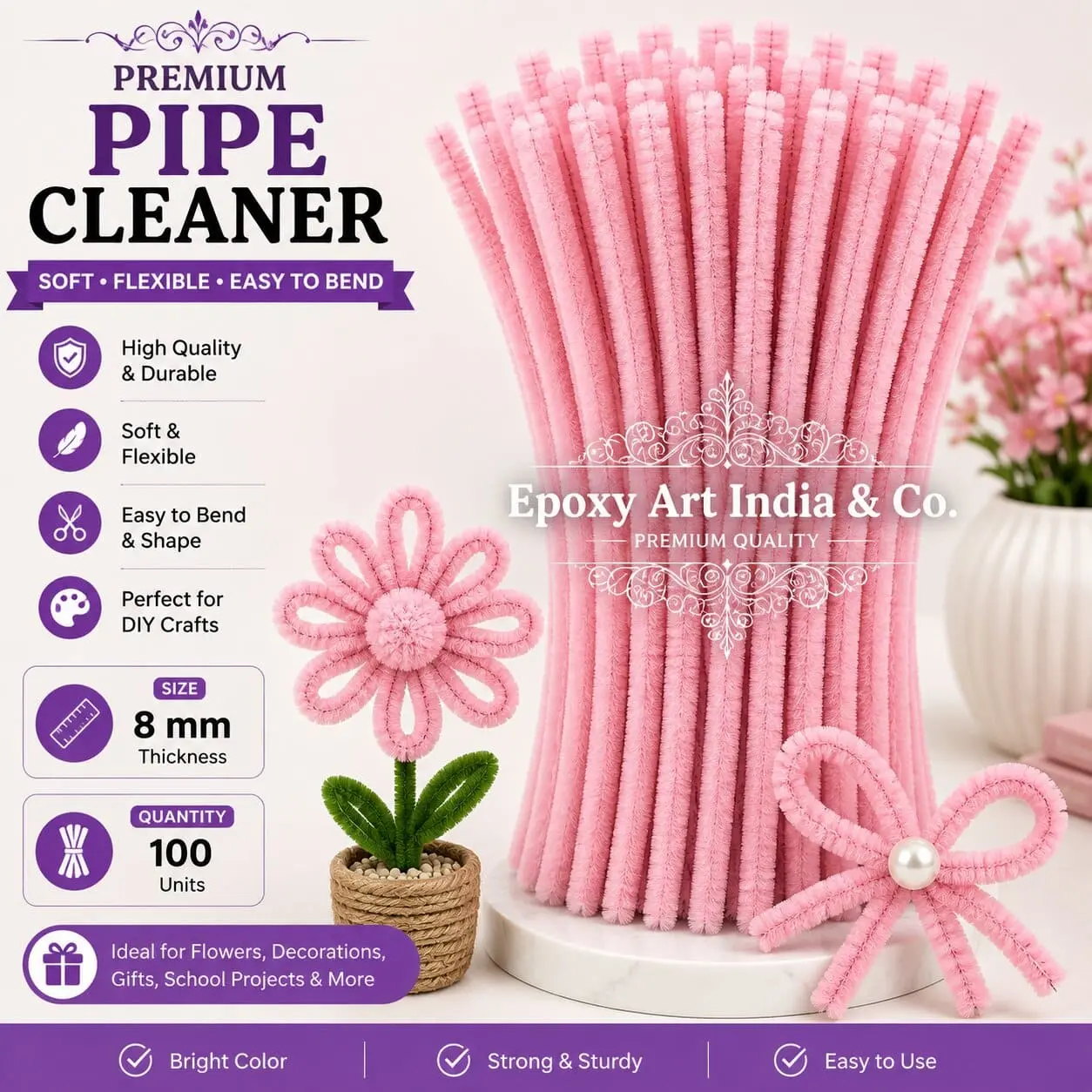 Pastel Pink Craft Pipe Cleaners 8mm – Pack of 100 Pieces | Chenille Craft Stems Pastel Pink Craft Pipe Cleaners 8mm – Pack of 100 Pieces | Chenille Craft Stems