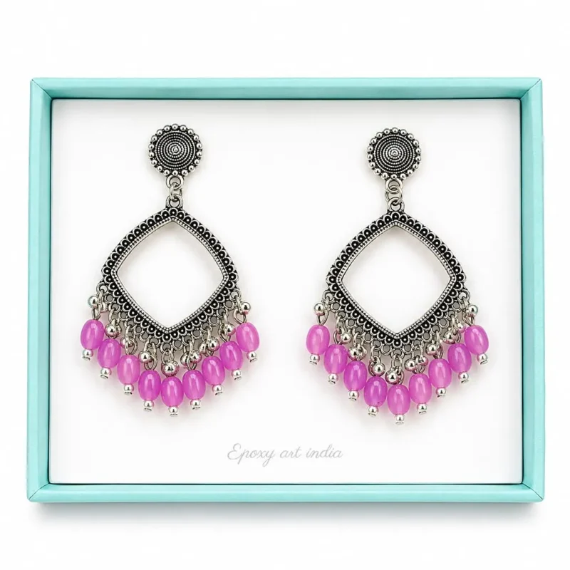 Silver Square Jhumka Bezel with Lavender Beads for Resin Art