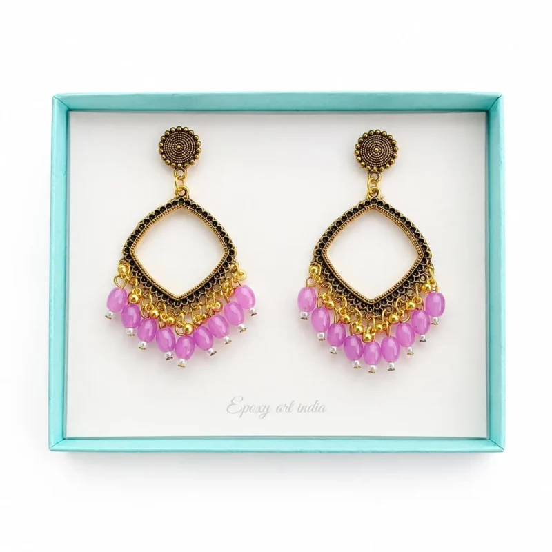 Golden Square Jhumka Bezel with Lavender Beads for Resin Art