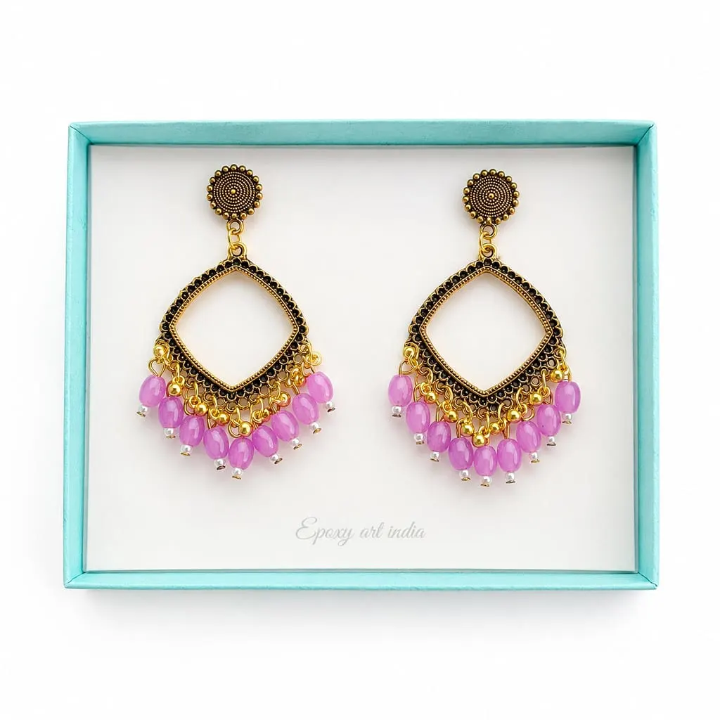 Golden Square Jhumka Bezel with Lavender Beads for Resin Art Golden Square Jhumka Bezel with Lavender Beads for Resin Art