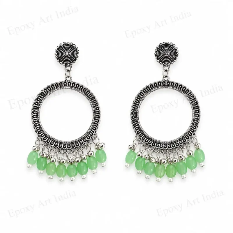 Silver Round Jhumka Bezel with Light Green Beads for Resin Art