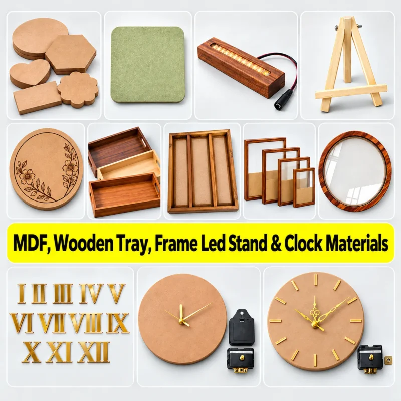 MDF, Wooden tray, frame led stand & Clock Materials
