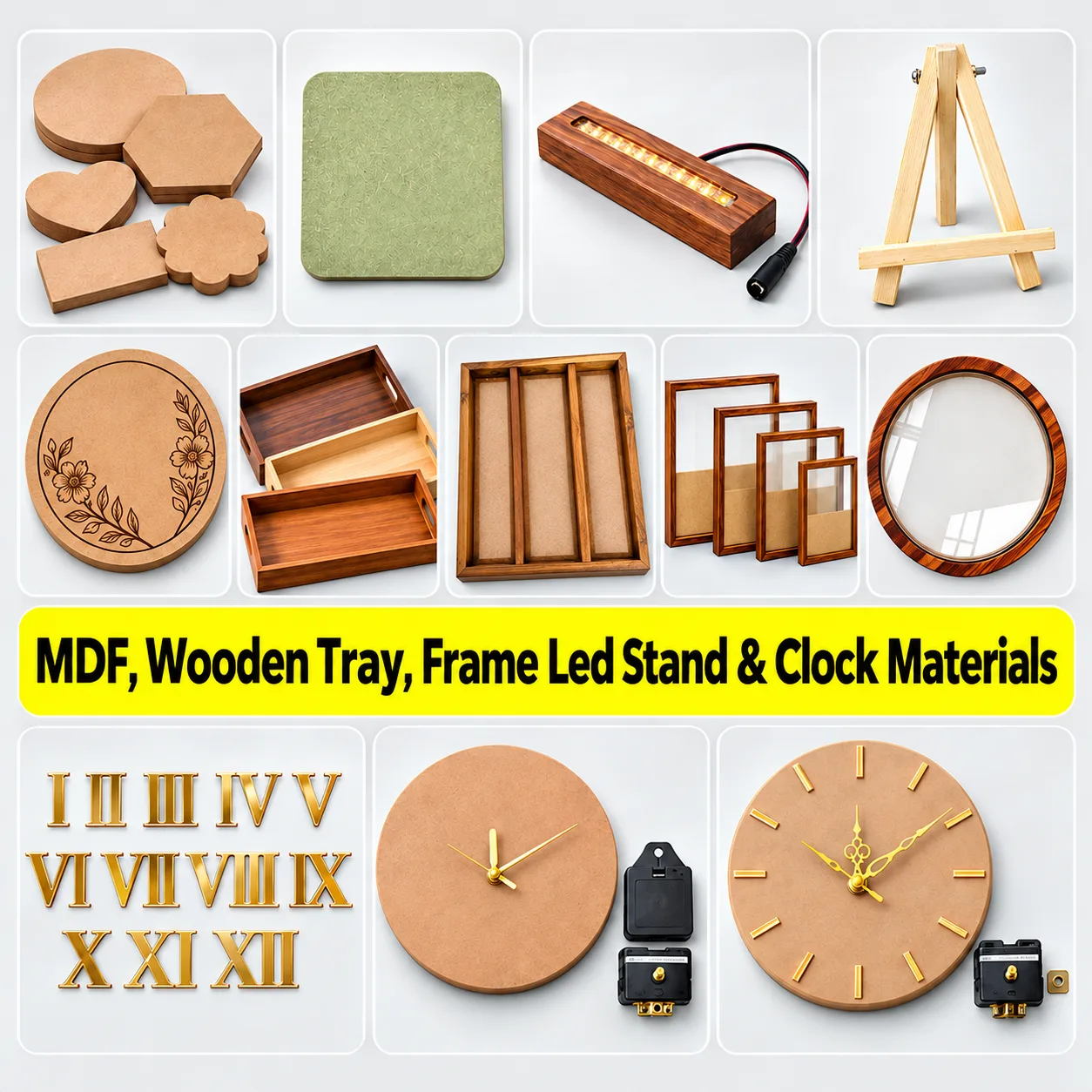 MDF, Wooden tray, frame led stand & Clock Materials